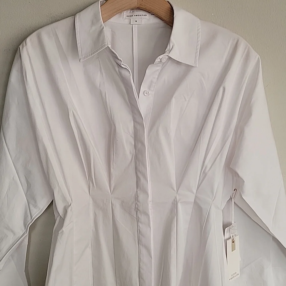 Good American NWT White Button-Up Poplin Dolman Sleeve Pleated Shirt - Picture 4 of 10